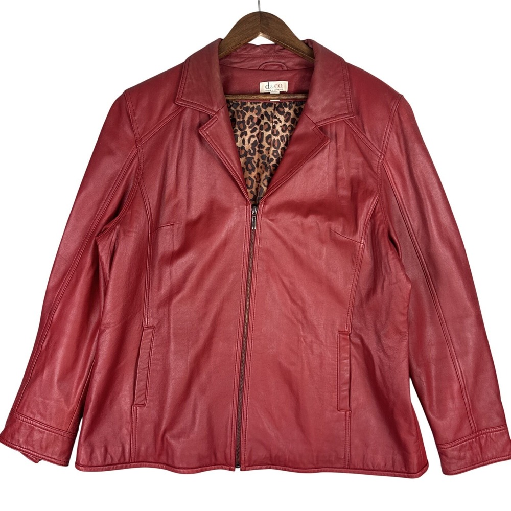 Vintage Denim & Co Jacket Women XL Red 100% Genuine Leather Retro Cheetah Lined